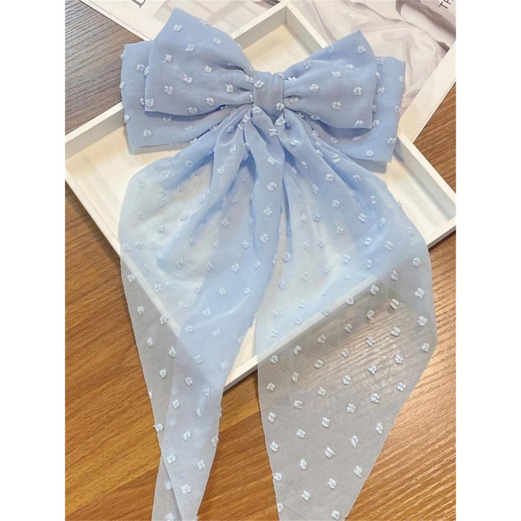 6 Damen Frühling/Sommer einfarbig Chiffon lang gepunkteter Stoff super Fee große Schleife Hinterkopf Haarspange Haarschmuck