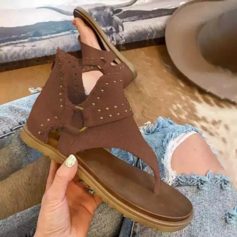 Wish large size toe canvas sandals women's summer new hollow rivet sandals