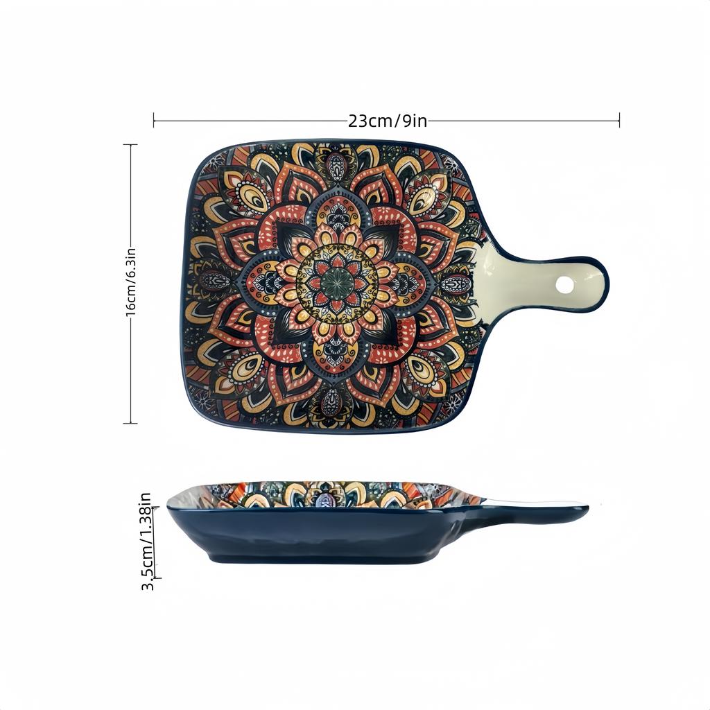 Bohemian Handle Square Ceramic Plate, Creative Household Dish Plate, Internet Celebrity Fruit Pasta Plate, High-value Snack Plat