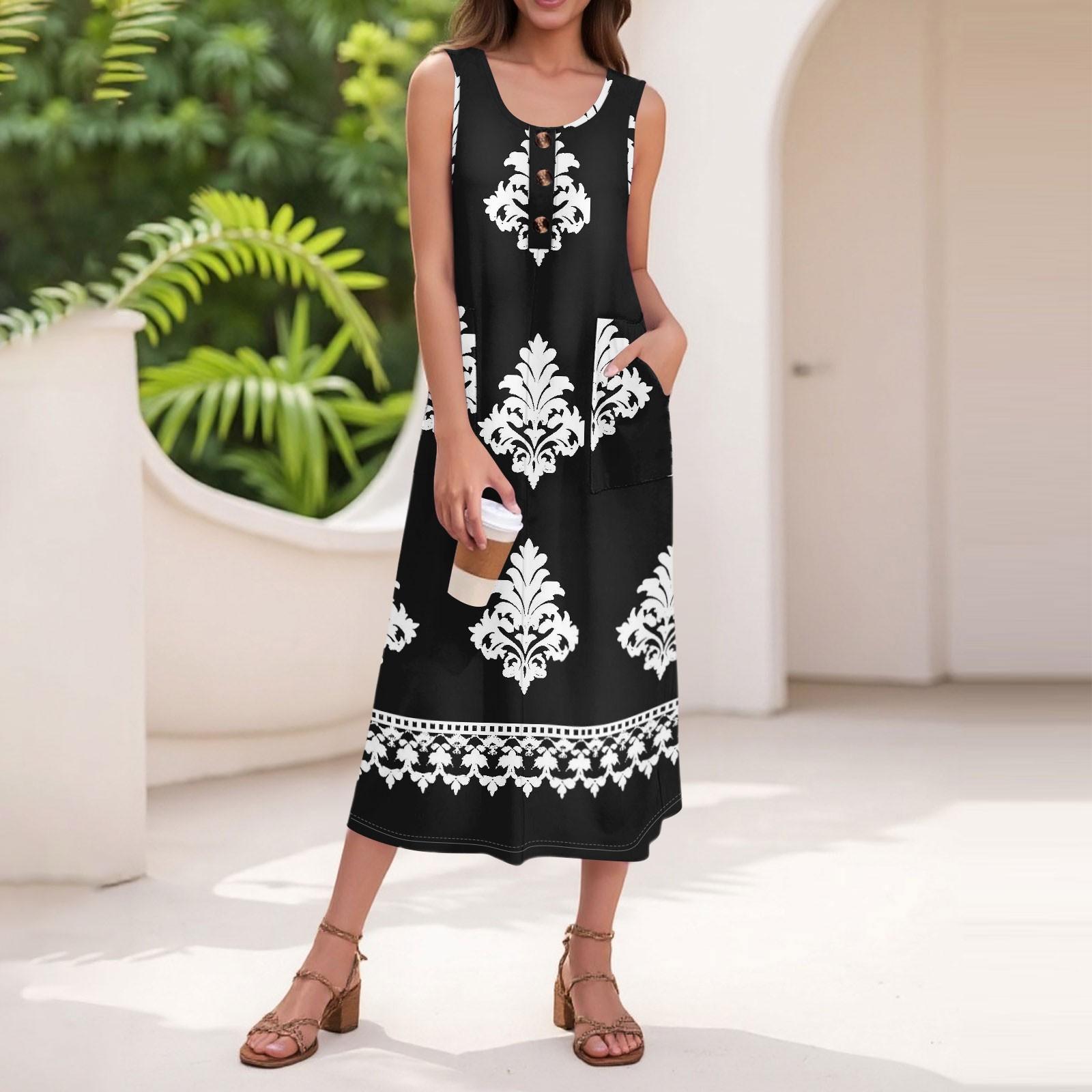 Women s Summer Casual Fashion Retro Printed Sleeveless Button Casual Long Dress L чёрный