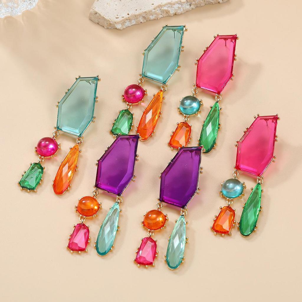 Bohemian Geometric Colored Diamond Earrings - European & American Style for Women