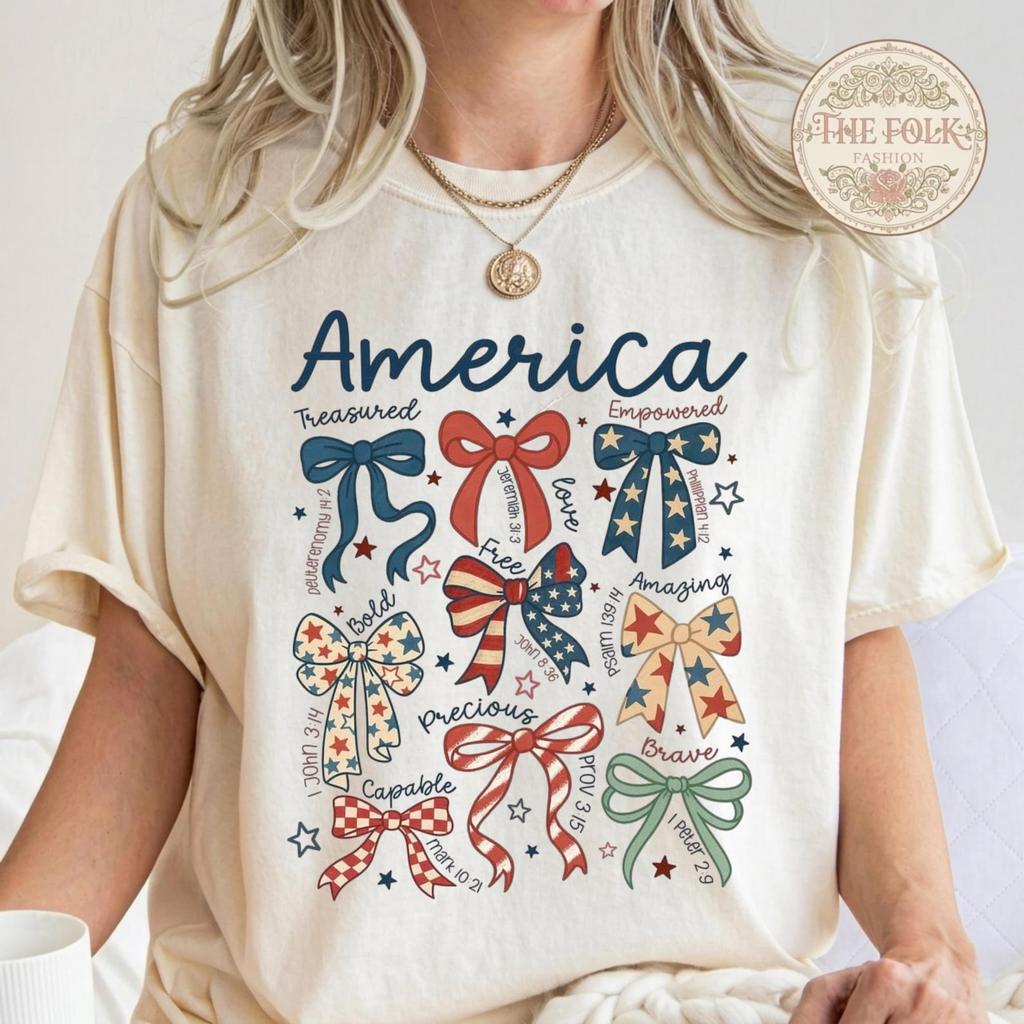 America Bows Shirt, Patriotic Christian Bible Verse Tee, Coquette 4th of July Tshirt, Religious American Flag Bow Top, Comfort Colors USA