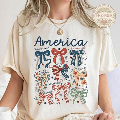 America Bows Shirt, Patriotic Christian Bible Verse Tee, Coquette 4th of July Tshirt, Religious American Flag Bow Top, Comfort Colors USA