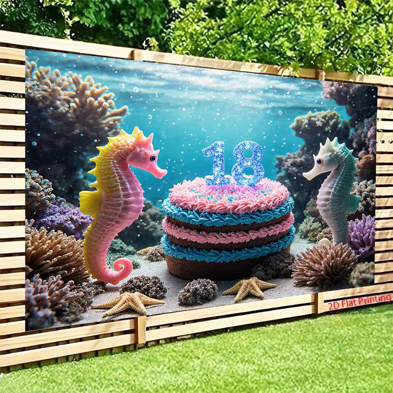2D Coral Reef 18th Birthday Backdrop Seahorse Underwater Background for 18th Birthday