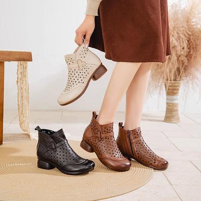 Fashion GKTINOO 2025 Summer Ankle Boots Genuine Leather Shoes Women Mid Heels Sandals Side Zip Boots Cutout Breathable Mujer Zapatos