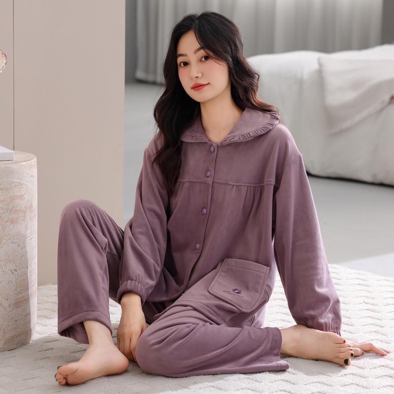 Island Fleece Pajamas Women Autumn And Winter Thin Fleece Coral Fleece Middle-Aged Mother Loungewear Spring And Autumn Large Size Warm Suit