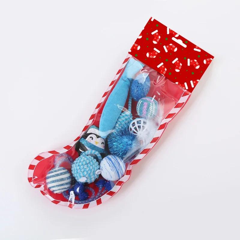 Cat Toy Christmas Stocking Shape Set Plush Gift for Pets with Knotted Rope Toy Cat Toy Interactive Stick Feather Wand Toys Gift