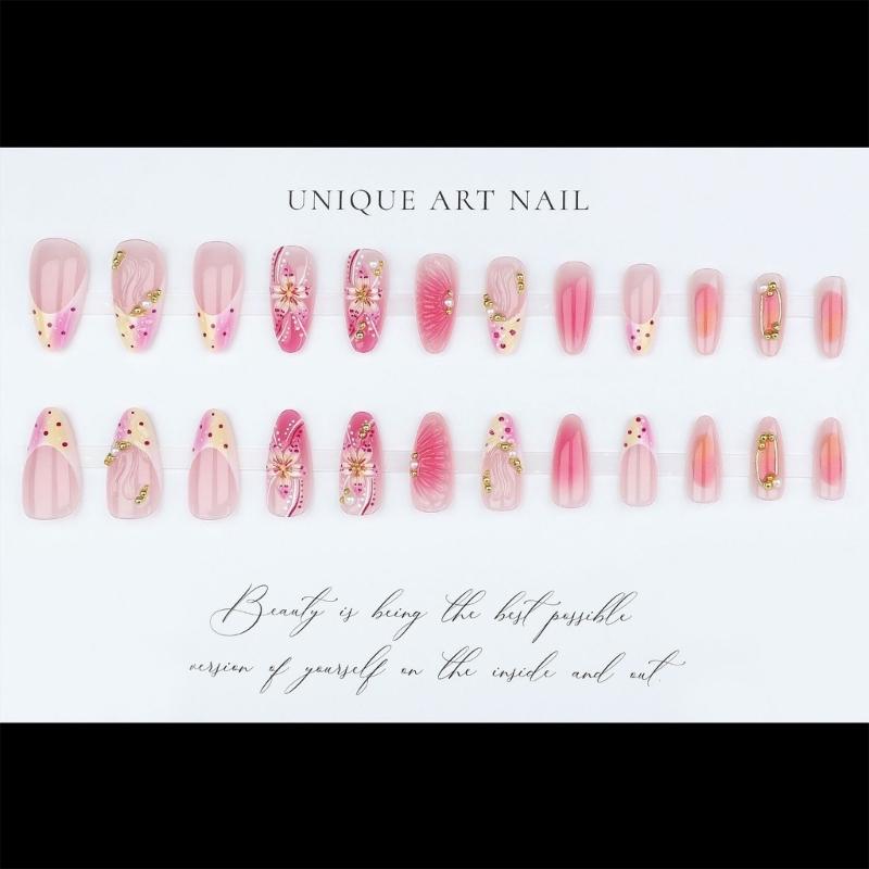 3D Floral Rhinestones Pearls Gradient Pink Press On Nail With Gold Foils Design For Women Party