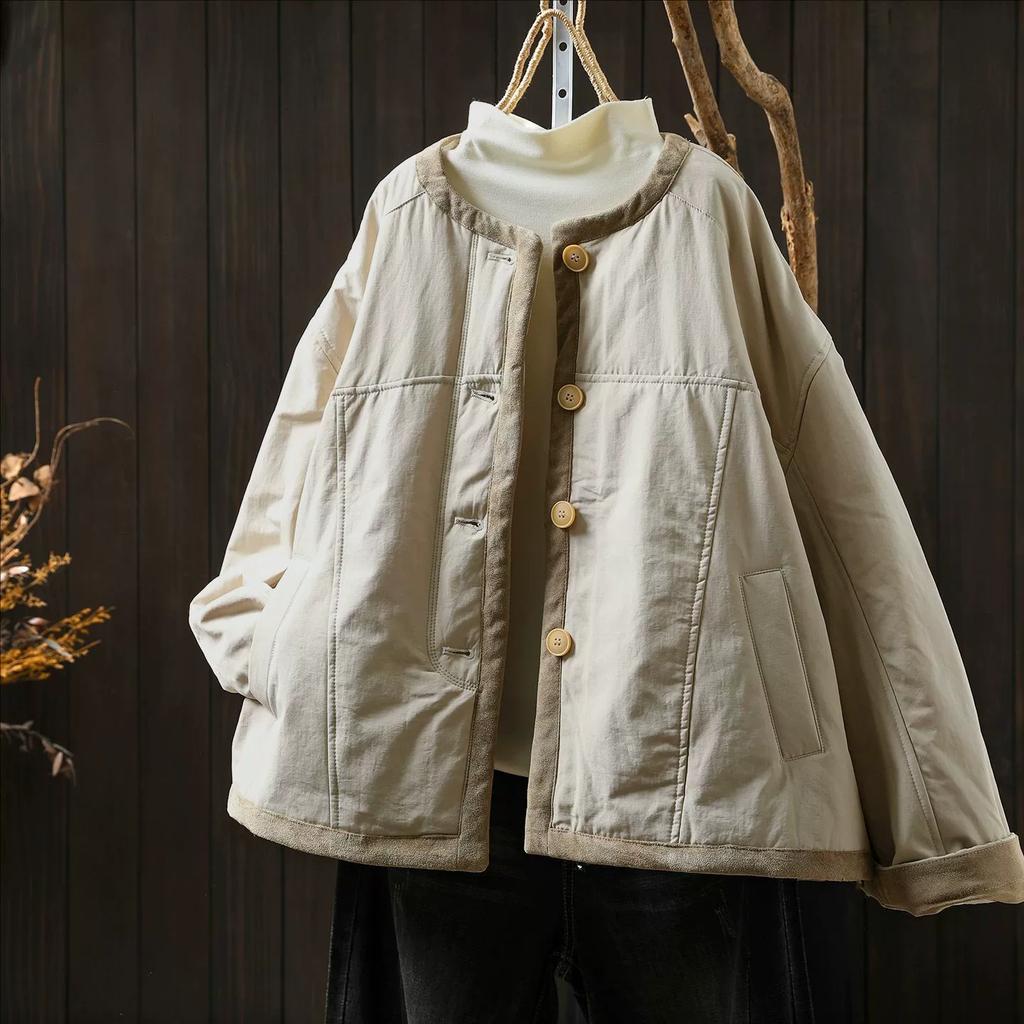 Johnature Women Vintage O-Neck Long Sleeve Solid Color Coats Autumn Button Pockets Casual Coats