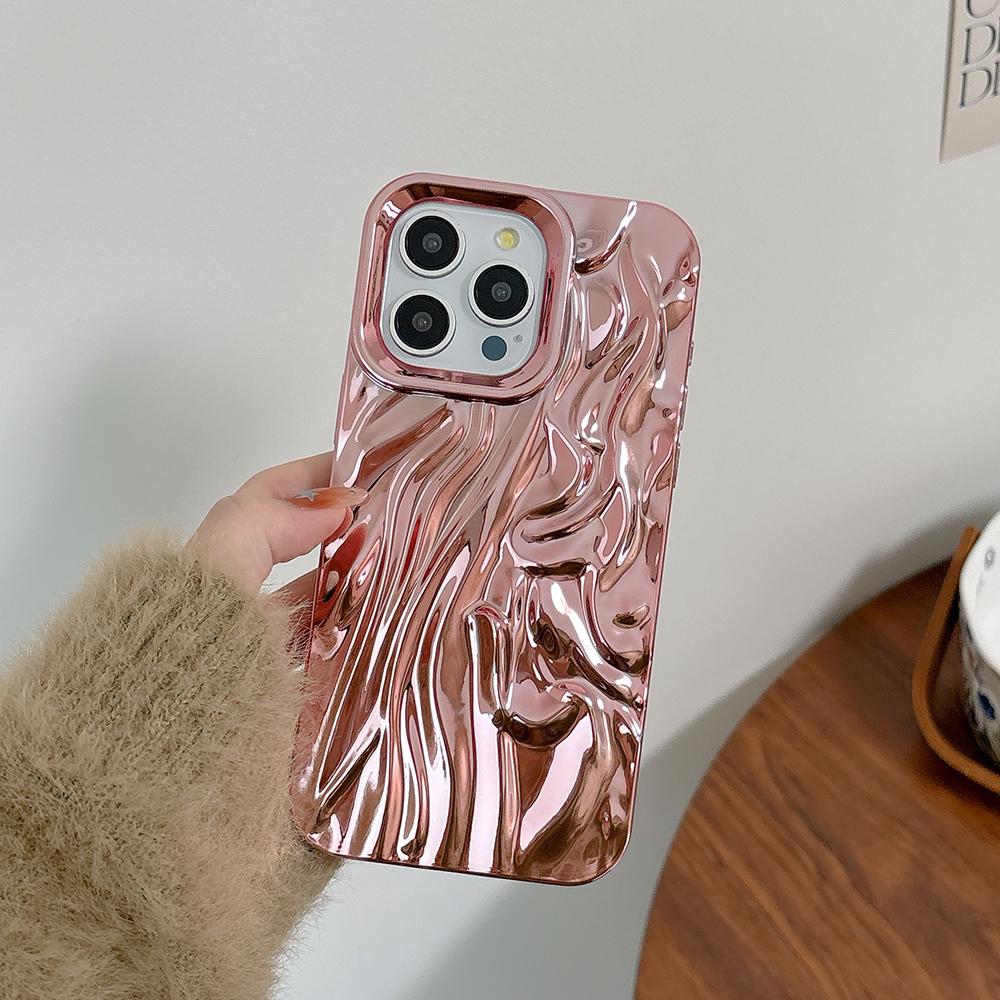 Gold 3D Water Ripple Phone Case For iPhone 17 16 15 14 13 12 11 Pro Max Electroplated Shockproof Silicone Cover