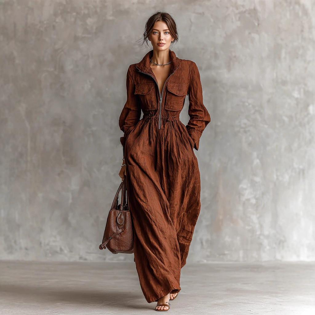 Abito Lungo a Manica Lunga in Stile Europeo, Linea ad A, con Zip e Collo Alto, per Uso Casual