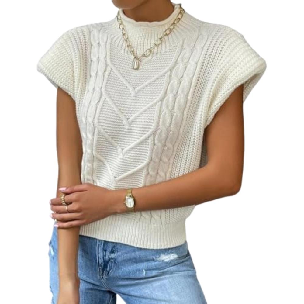 Женский свитер, жилет, топ без рукавов, вязаный свитер с воротником-стойкой, майка с короткими рукавами, пуловер с подплечниками S белый