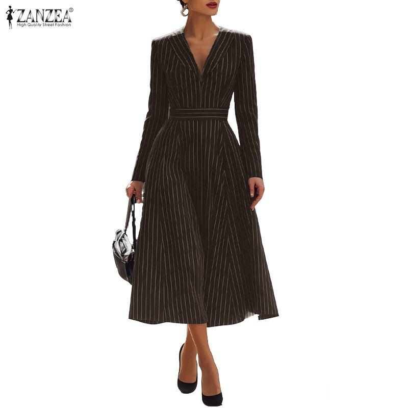 ZANZEA Women Elegant Casual V-neck Long Sleeve Stripe Dress