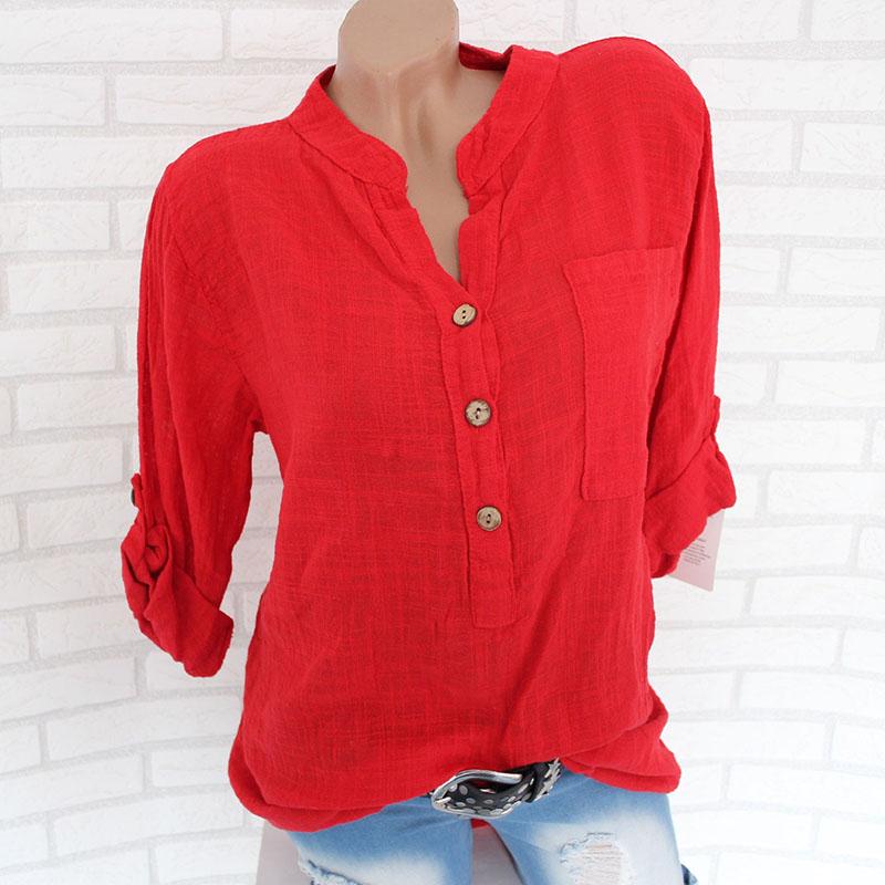 Spring Autumn Cotton Linen Shirts Women Roll Long Sleeve Plus Size Shirt Solid Color Buttons V Collar Pocket Tops