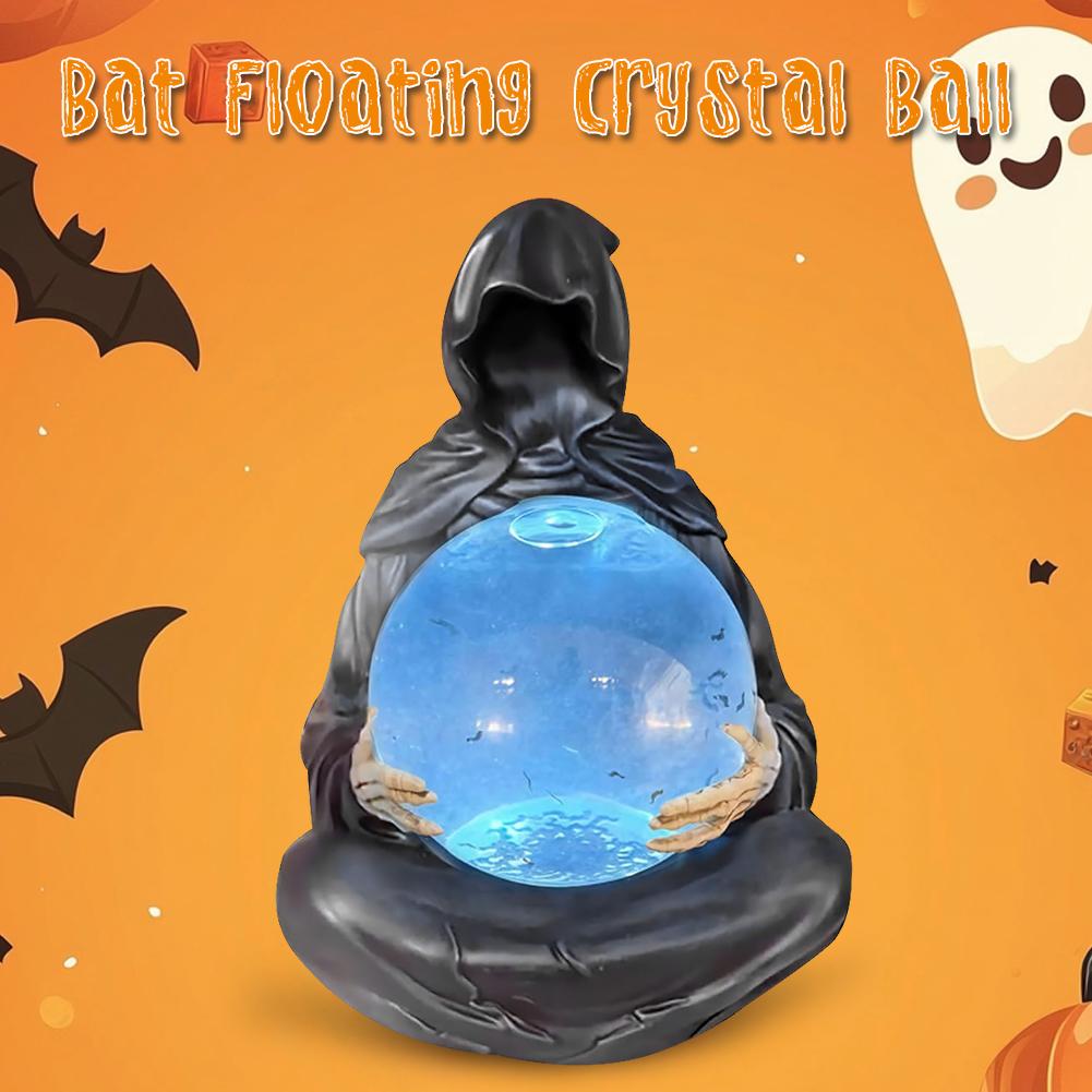 Grim Reaper Figurine with Light Up Ball Gothic Grim Reaper Crystal Ball Statue Grim Reaper Statue with Flying Bats Crystal Ball