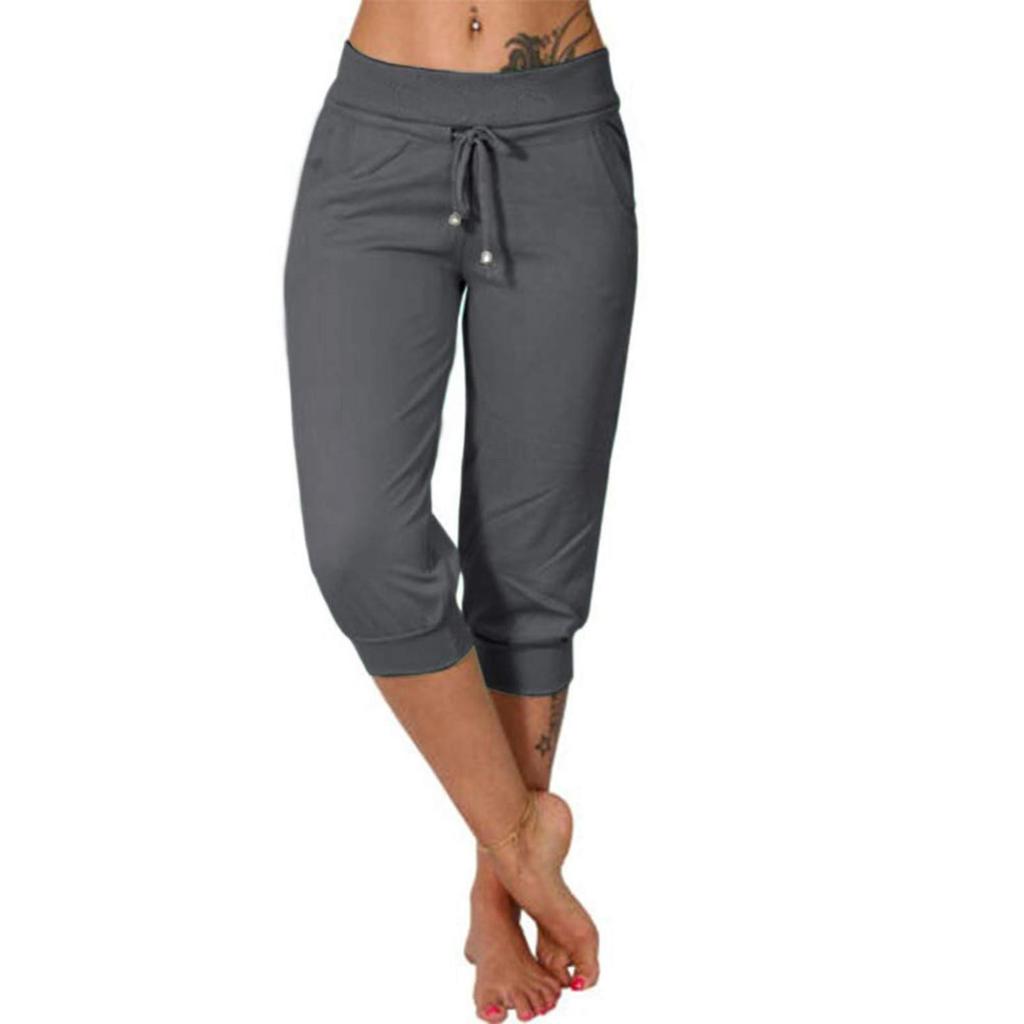 Women Classic Solid Color Jogging Pants Cotton Linen Capris Trousers Bandage Double Pocket Pants Summer Beach Vacation Wear