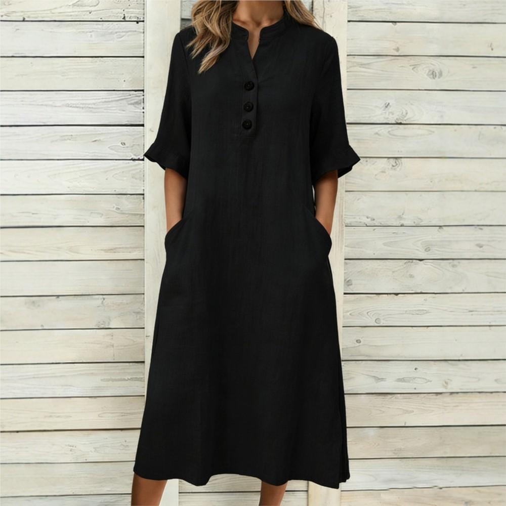 

Summer Cotton Linen Stand-up Collar Buttoned Short-sleeved Women s Loose Dress Casual Simple Pocket Female Blue Long Dress XS чёрный