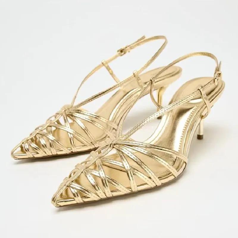 Fashion Narrow Strap Hollow Heeled Sandals Women Luxury Brand Designer Gold Heels Luxury Wedding Pointed Toe Summer Bridal Shoes