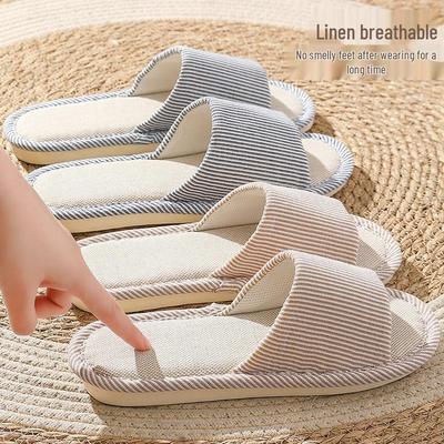 Striped Linen Summer Indoor Slippers for Men and Women - Non-slip, Soft Sole, Breathable, Silent Design.