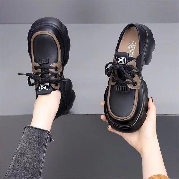 2025 New Platform Loafers Small Leather Shoes Women's Autumn Fashion Casual Versatile Lace-up British Height-increasing Single Shoes