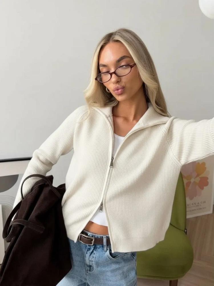 Knit Cardigan Double Zipper Women Sweater Long Sleeve Casual Drawstring Coat 2026 Autumn Winter Loose Fit Solid Color Jackets