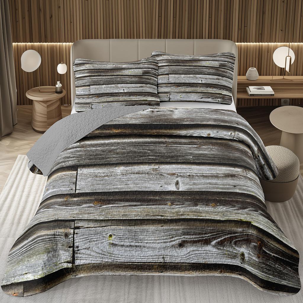 Wood Barn Door Bedspread Queen/Twin Wood Grain Quilted Coverlet Retro Rustic Farmhouse Bedding Set Reversible Grey Quilt Set