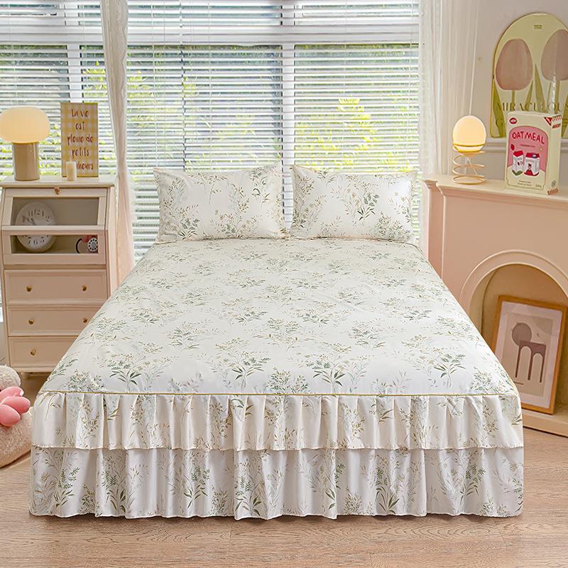 3pcs Modern Korean Floral Bed Skirt Set with Lotus Leaf Embellishments and Princess Floral Pattern, All-Season Brushed Light Beige-Friendly Bedding