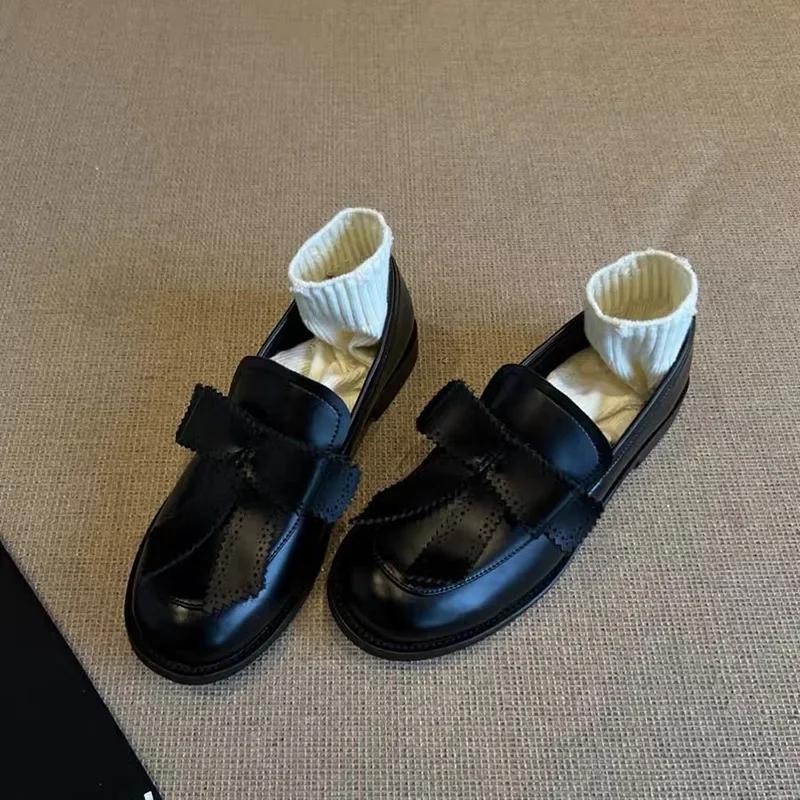 Fashion Spring Autumn Women's Flat Loafers Round Toe Bow One Kick Small Leather Shoes Dress British College Style Zapatillas De Mujer