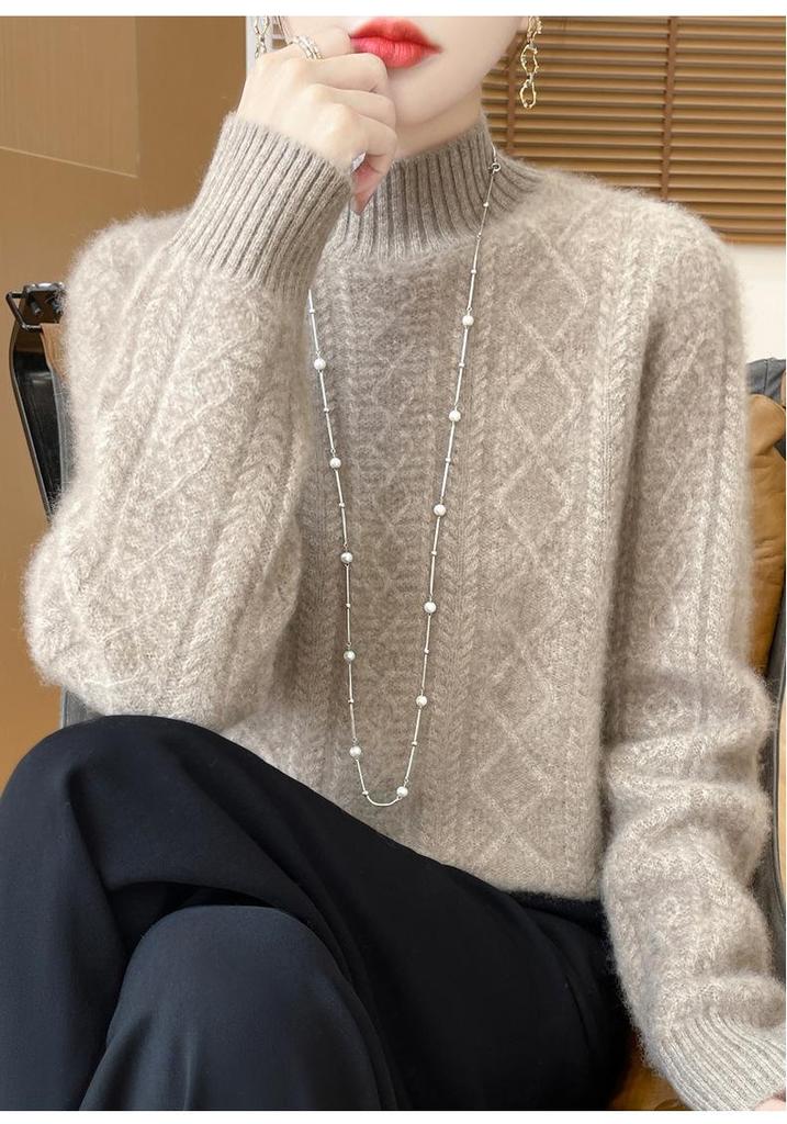 Women's Fashion Pure Wool Cable Knit Turtleneck Sweater for Fall/Winter