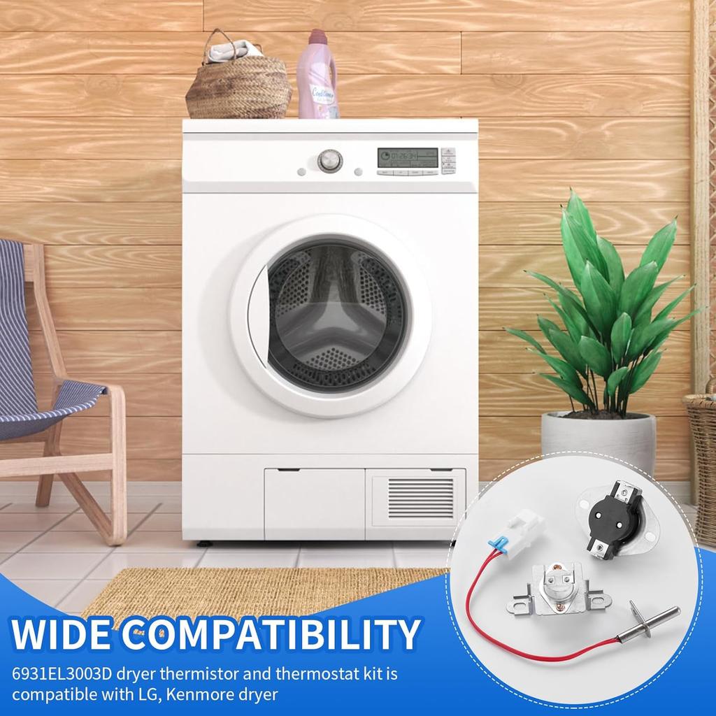 6931EL3003D Limit Thermostat, 6323EL2001B Dryer Thermistor, 6931EL3001E Thermostat, 6931EL3003D Dryer Thermal Fuse Kit Compatible with LG Kenmore