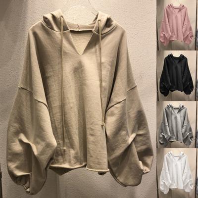 Jednobarevná mikina s kapucí a stahovací šňůrkou Podzimní netopýří rukáv V-výstřih Dámská mikina Streetwear
