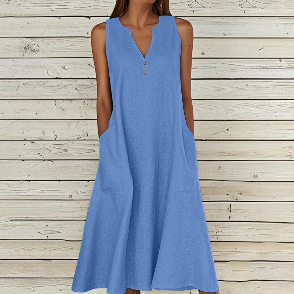 Women's Summer Casual V-neck Button Solid Color Sleeveless Long Dress With Pockets
