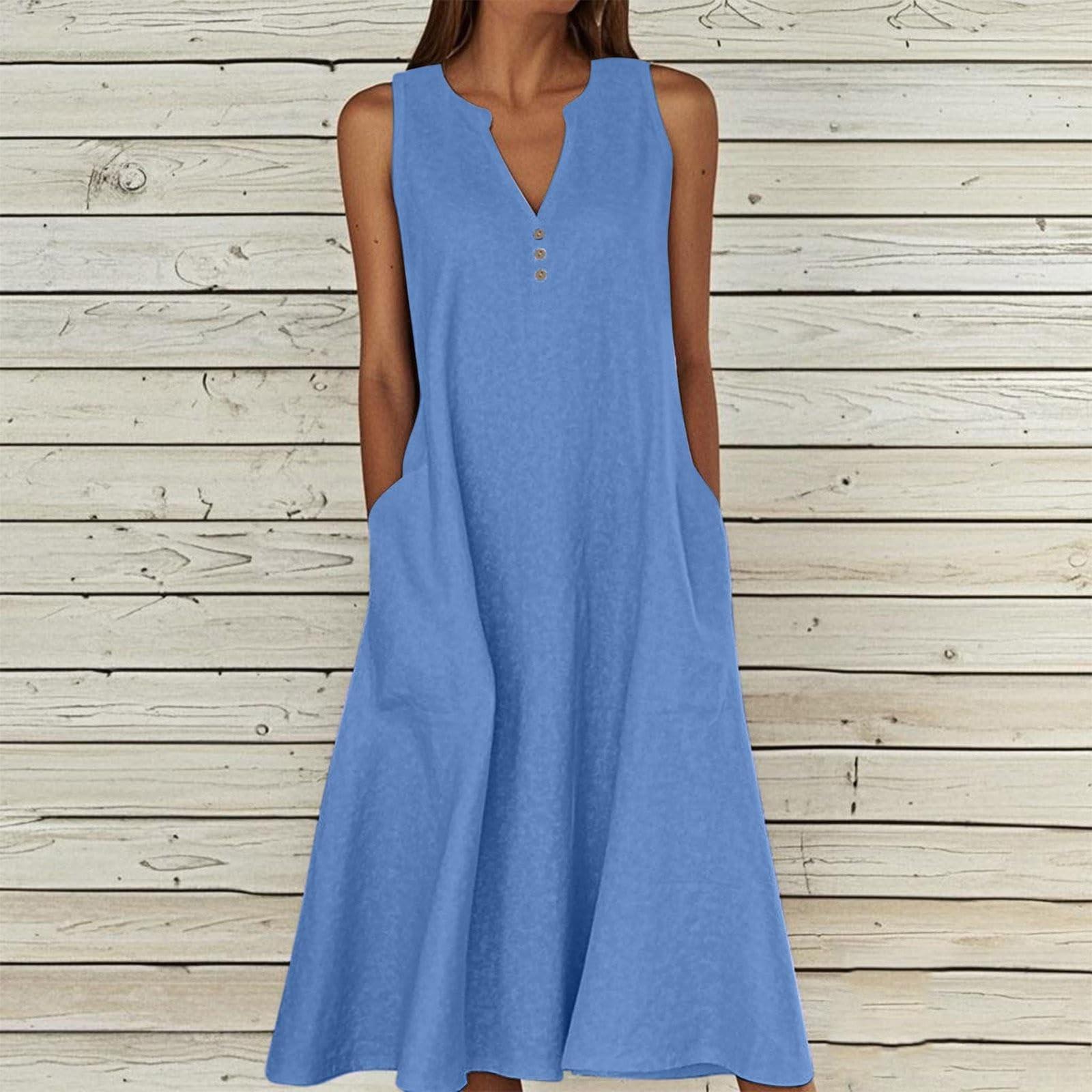 

Женское летнее повседневное однотонное длинное платье без рукавов с V-образным вырезом на пуговицах и карманами S
