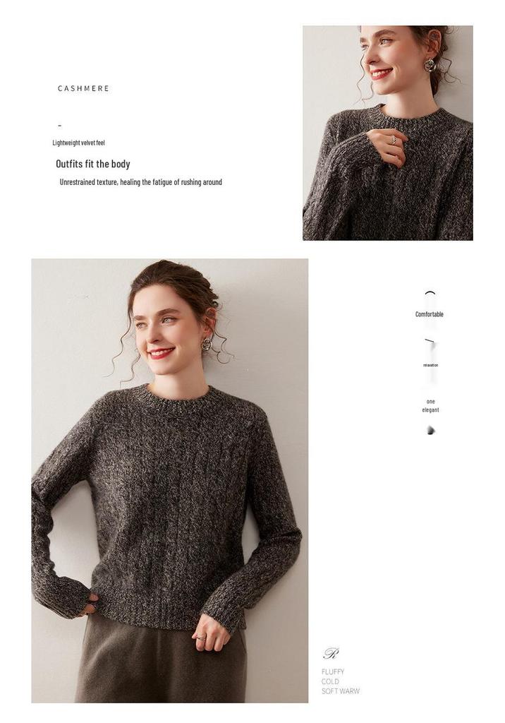 Women's Cashmere Round Neck Sweater: Thickened, Long Sleeve, Loose Fit, Lazy Style Knit for Autumn and Winter.
