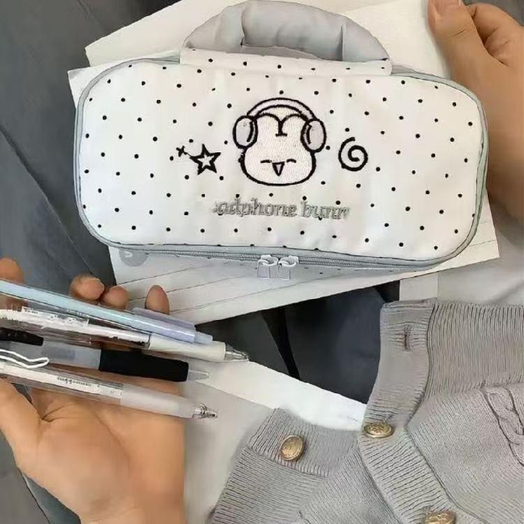 Dotted Print Pencil Case Light Weight Polyester Pen Pouches with Handle Large Capacity Pen Organiser Travel Makeup Bag