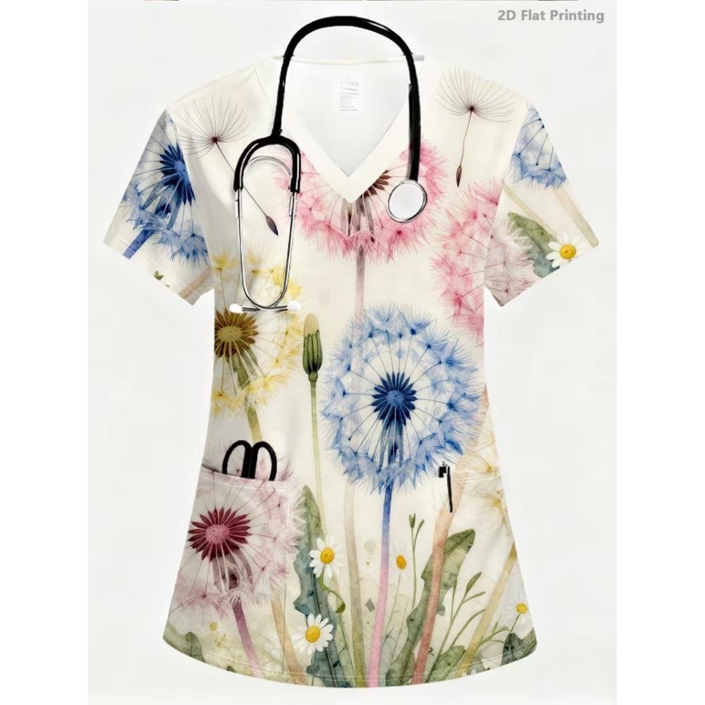 Sommer-Kurzarm-T-Shirt Medizinischer Anzug Damen Modebedrucktes Lässiges V-Ausschnitt-Kurzarm-Chirurgie-Anzug mit Taschen