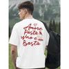 Europäische Größen Herren Grafik-T-Shirt mit Rückendruck Schwarz mit Rotem Italienisches Essen & Wein Design, Rundhals Kurzarm Lässiges T-Shirt
