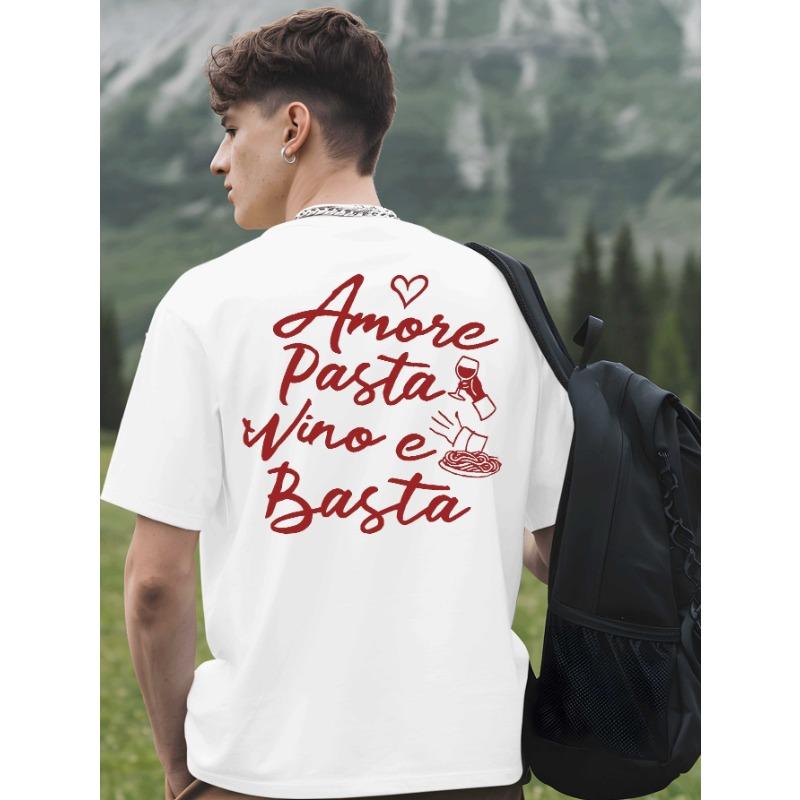Europäische Größen Herren Grafik-T-Shirt mit Rückendruck Schwarz mit Rotem Italienisches Essen & Wein Design, Rundhals Kurzarm Lässiges T-Shirt