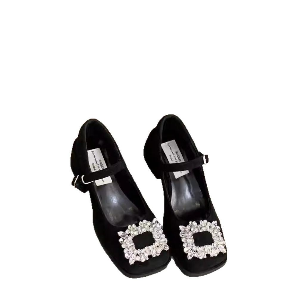 Premium Sense Small Fragrant Style Mary Jane Single Shoes French Rhinestone High Heels Retro Loafers Spring and Summer Korean Version Women's Shoes