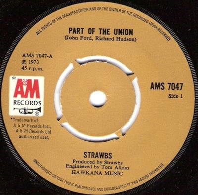 7palcová deska STRAWBS - Part Of The Union  AMS7047 A&M Records 1973 UK Rock Použitá