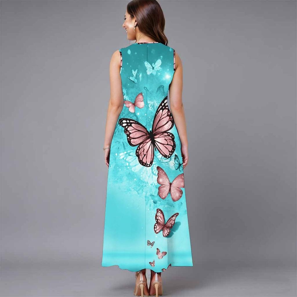 Women Oversized Sleeveless Crew Neck Dress Elegant Dense Floral Vines Flowy Calf Length Outfit