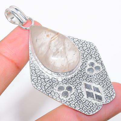 Goldener Rutil Handgefertigter Edelstein 925 Sterlingsilber Schmuck Anhänger 2,76" T7G02