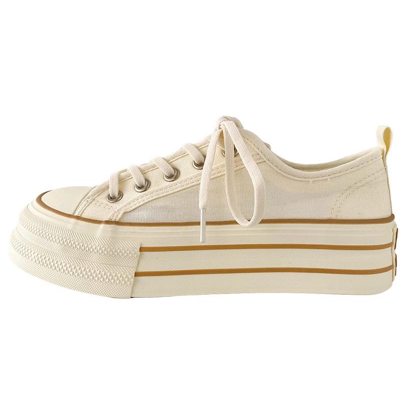 Dikke Bodem Canvas Schoenen Dames Ronde Neus Platte Veters Dubbele Band Veelzijdig Dunne Zool Board Schoenen Ademend Laag Uitgesneden Casual