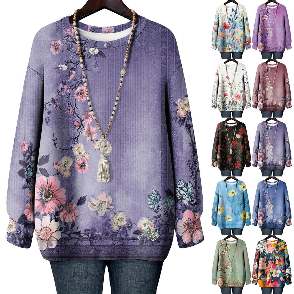 Women's Floral Print Round Neck Long Sleeved T-shirt Sweatshirt Top