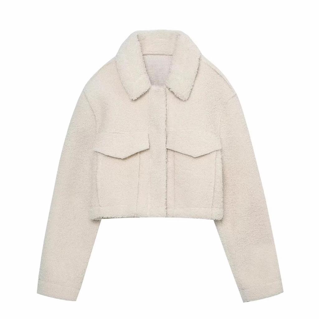 Women's Fleece Warm Lapel Short Long-sleeved Jacket