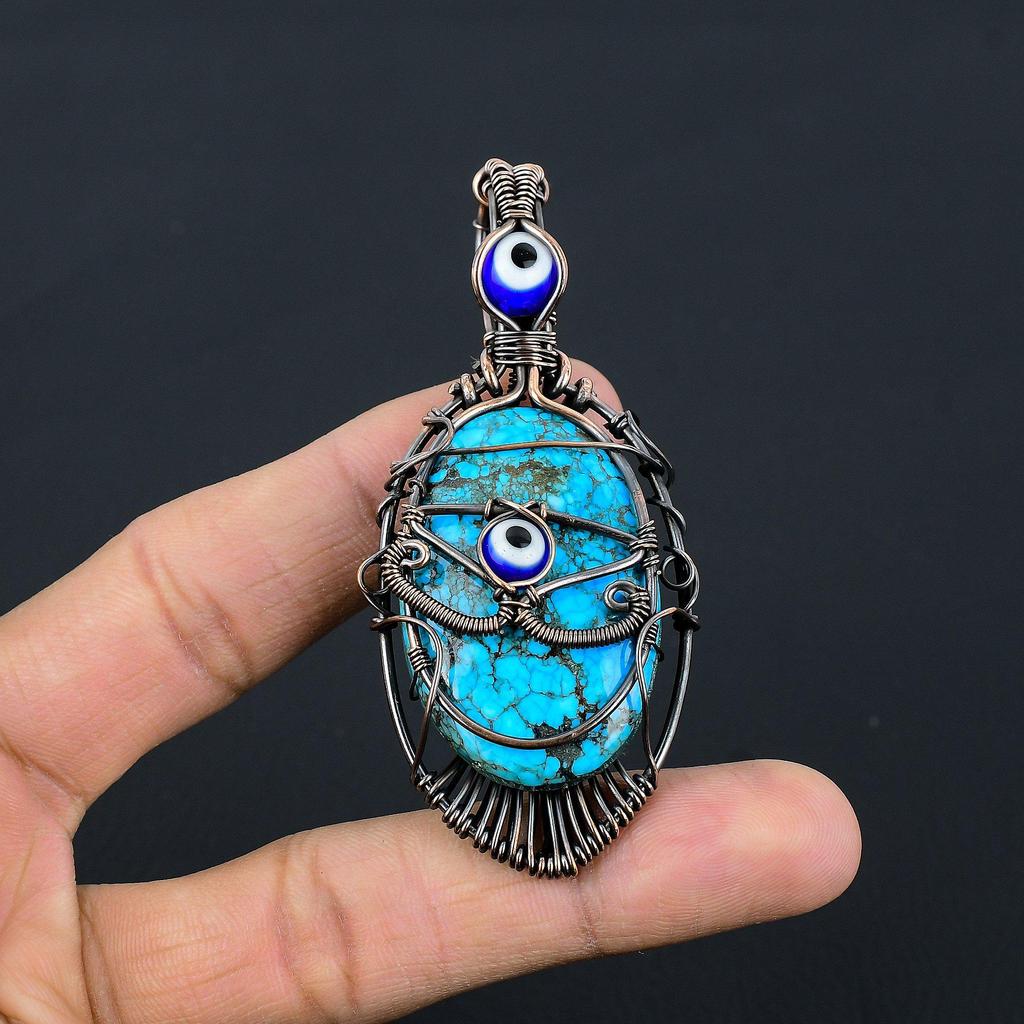 Tibetan Turquoise & Blue Evil Eye Pendant, 999 Copper Wire Wrapped Gemstone Jewelry, Handmade Pendant, For Thanksgiving
