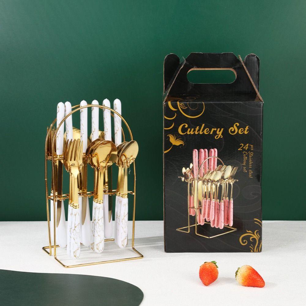 Mode 24-teiliges Besteckset Edelstahl Metall Geschenk Geschirr Gabeln Löffel Sets Essgeschirr Zuhause Schule Küche