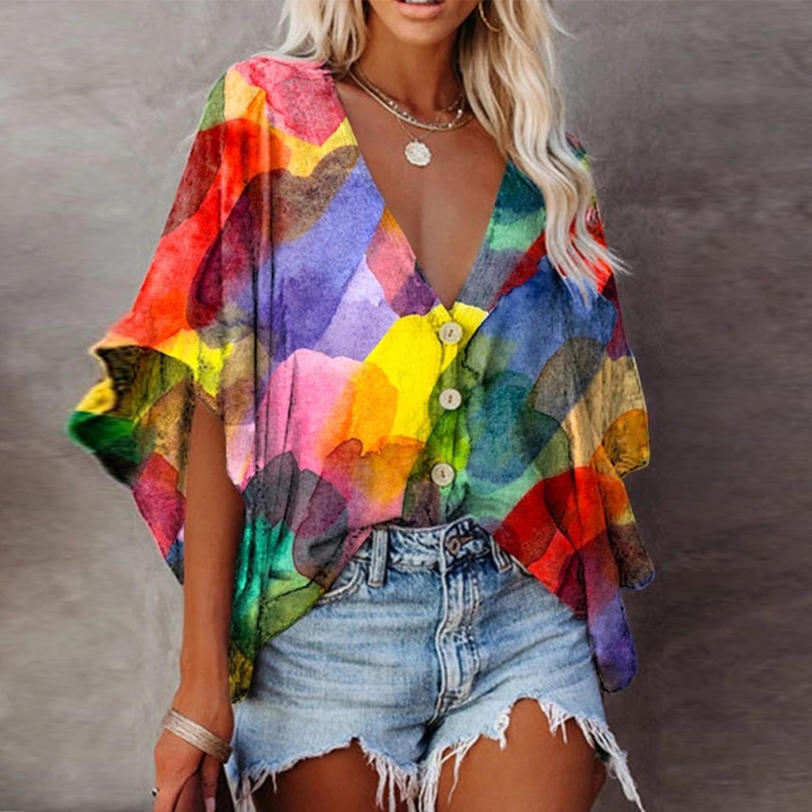 

Женская повседневная рубашка с v-образным вырезом и цифровой печатью, блузка с рукавами, свободные топы XL жёлтый