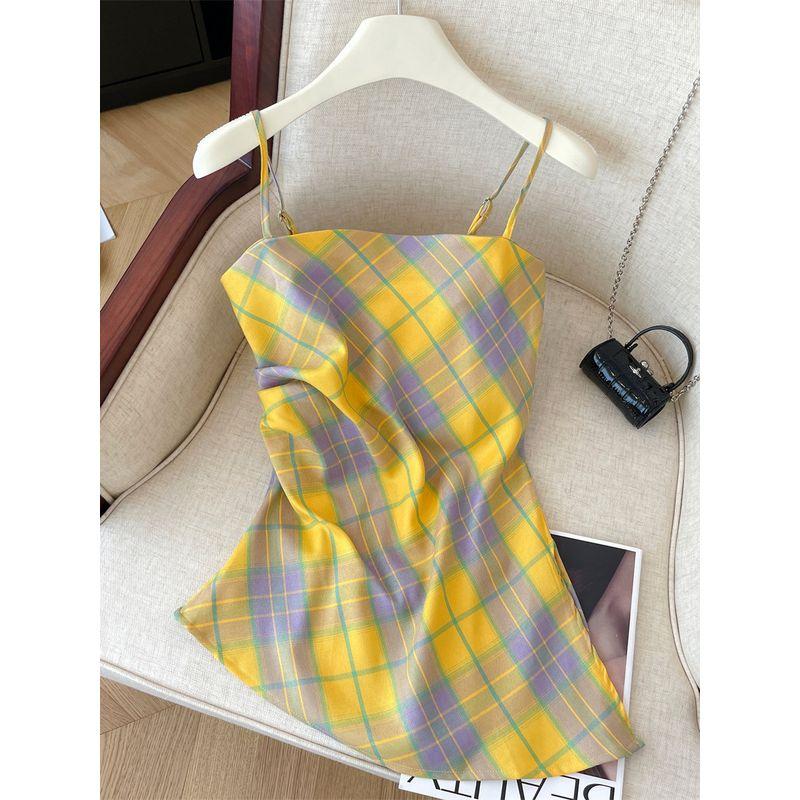 Summer New Color Dopamine Plaid Cami Women Design Sense Pleat Outer Wear Sexy Gyaru Style Top