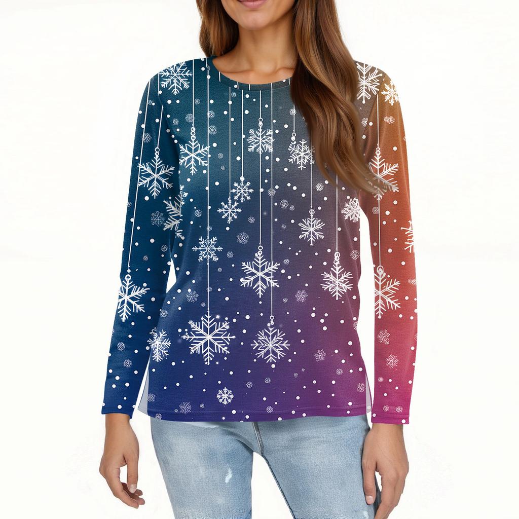 Women's Fashion Casual Slit Hem Round Neck Long Sleeve Loose Christmas Printed T-Shirt Ladies Top